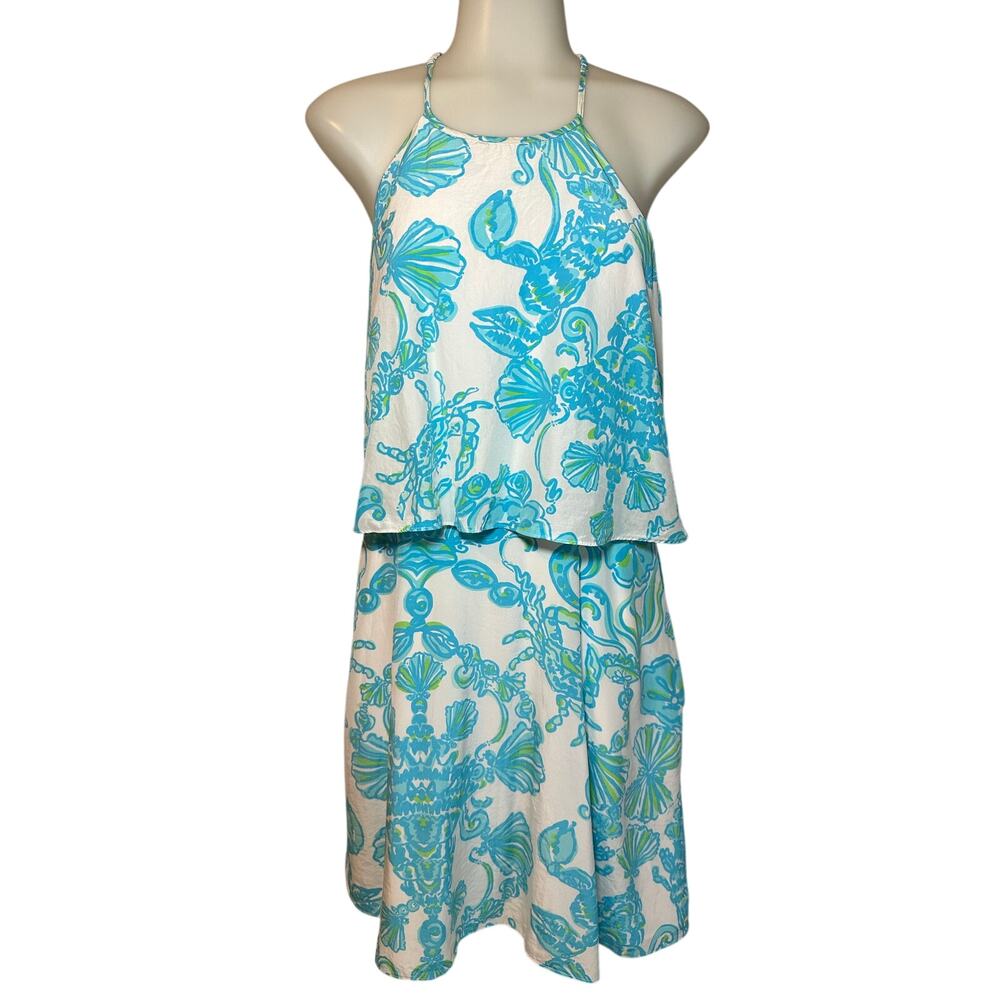 Lilly Pulitzer Womens Size 4 Whistler Silk Dress Pockets Blue Halter Rhinestone